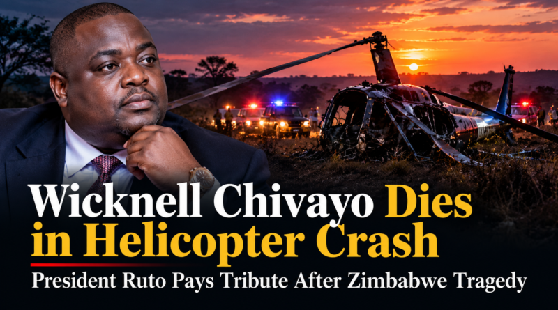 Editorial illustration for a report on Wicknell Chivayo's death in a helicopter crash in Zimbabwe.